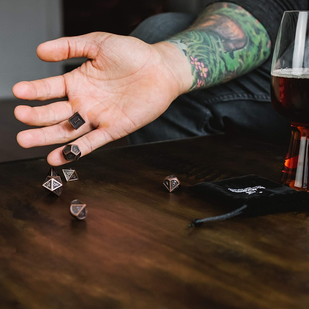 Indestructible Metal D&D Dice Set - 7 Pieces with Dice Bag in Weathered Bronze Finish
