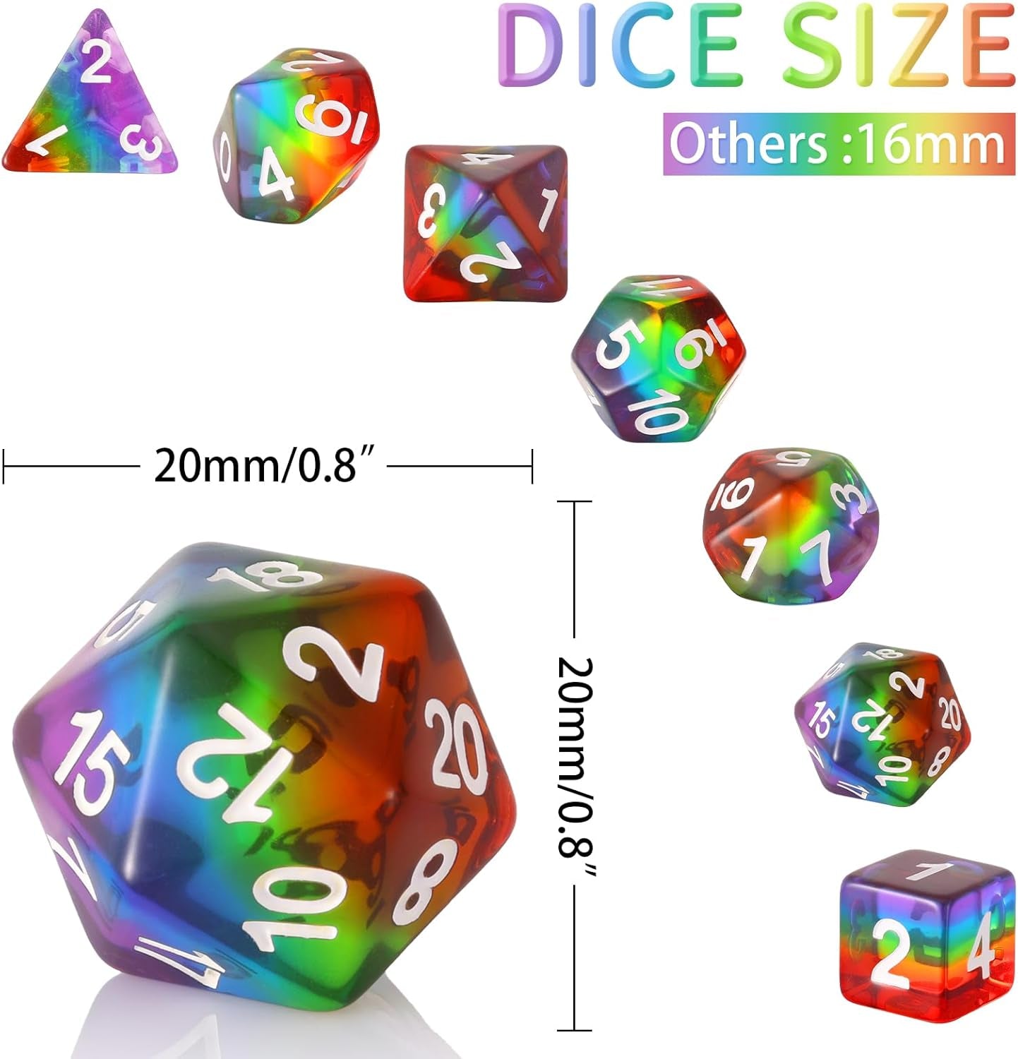 Rainbow Polyhedral Dice Set for Dungeons and Dragons (D&D), Pathfinder, MTG, and Tabletop Games with Pouch