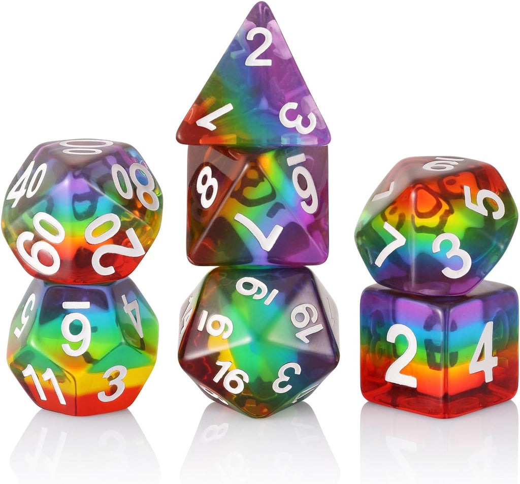 Rainbow Polyhedral Dice Set for Dungeons and Dragons (D&D), Pathfinder, MTG, and Tabletop Games with Pouch