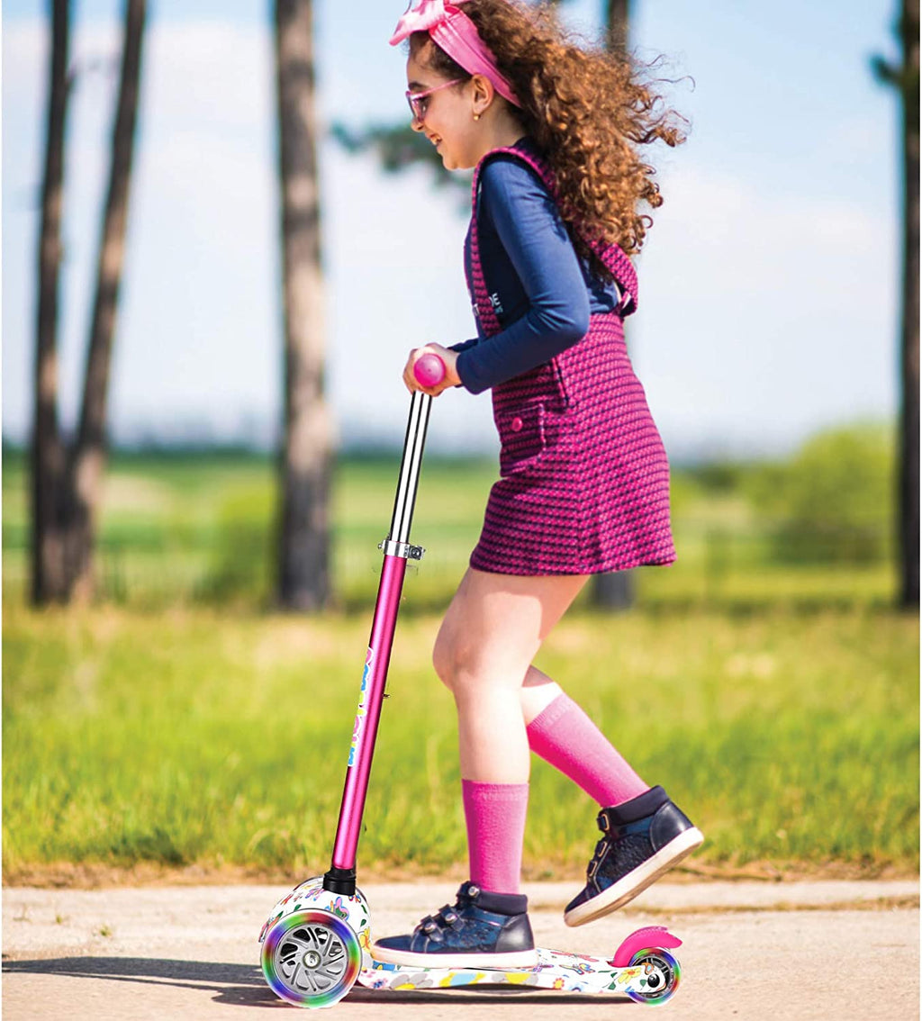 3-Wheel Kick Scooter for Children Ages 3-8, Lean-To-Steer Design, Toddler Scooter with Extra Wide Light-Up Wheels, 4 Adjustable Height Settings, Foldable for Boys and Girls, Maximum Weight Capacity 110 lbs