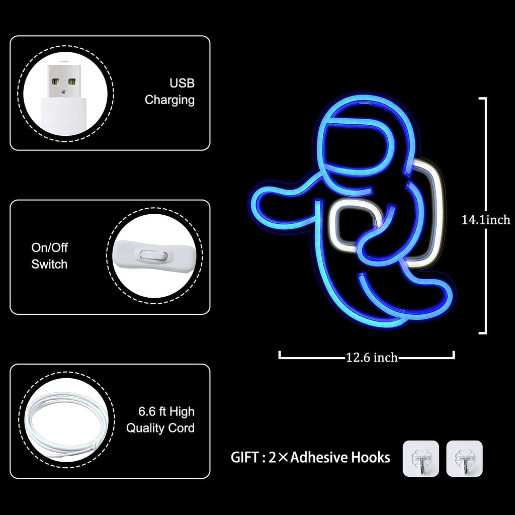 Astronaut Neon Light Projector - Space LED Wall Decor for Bedrooms, USB Powered with Switch (14.1 x 12.6 inches) - Ideal for Living Rooms, Gaming Spaces, and Children's Birthday Gifts (Blue)