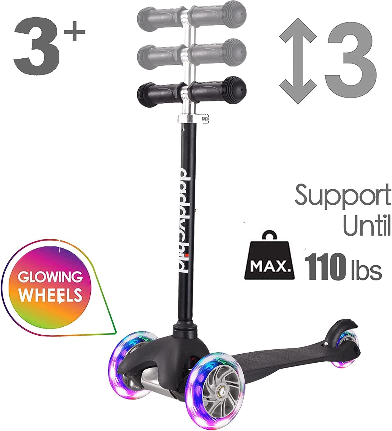 3-Wheel Kick Scooter for Children Ages 3-8, Lean-To-Steer Design, Toddler Scooter with Extra Wide Light-Up Wheels, 4 Adjustable Height Settings, Foldable for Boys and Girls, Maximum Weight Capacity 110 lbs