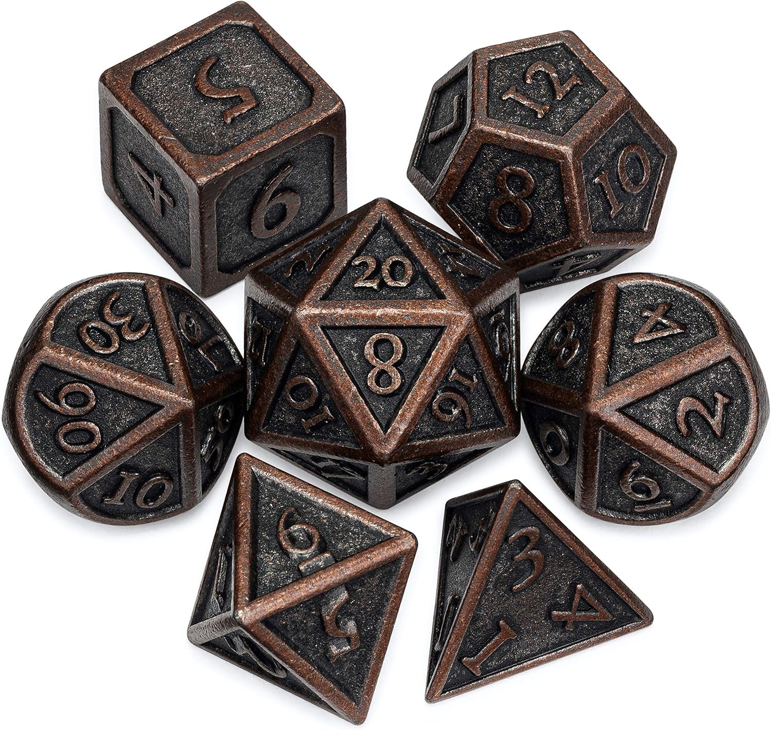 Indestructible Metal D&D Dice Set - 7 Pieces with Dice Bag in Weathered Bronze Finish