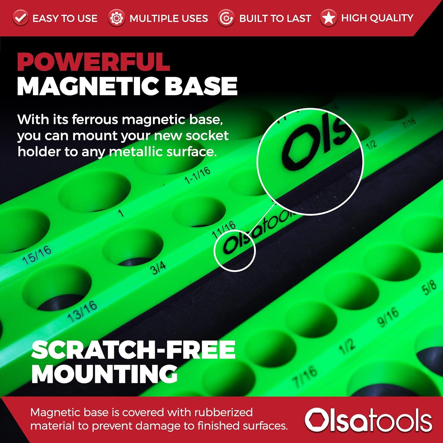 Magnetic Socket Organizer - 3-Piece Drive SAE Socket Holder Set with Strong Magnets - Stores up to 68 Sockets - Green - Part: 1148