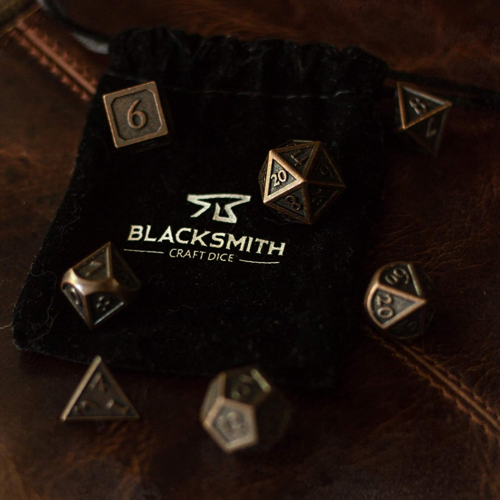 Indestructible Metal D&D Dice Set - 7 Pieces with Dice Bag in Weathered Bronze Finish