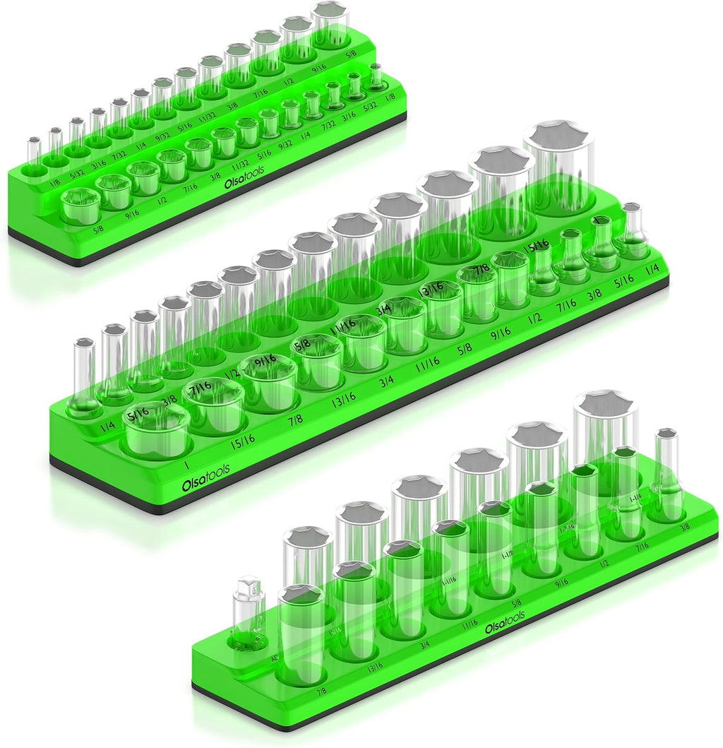 Magnetic Socket Organizer - 3-Piece Drive SAE Socket Holder Set with Strong Magnets - Stores up to 68 Sockets - Green - Part: 1148
