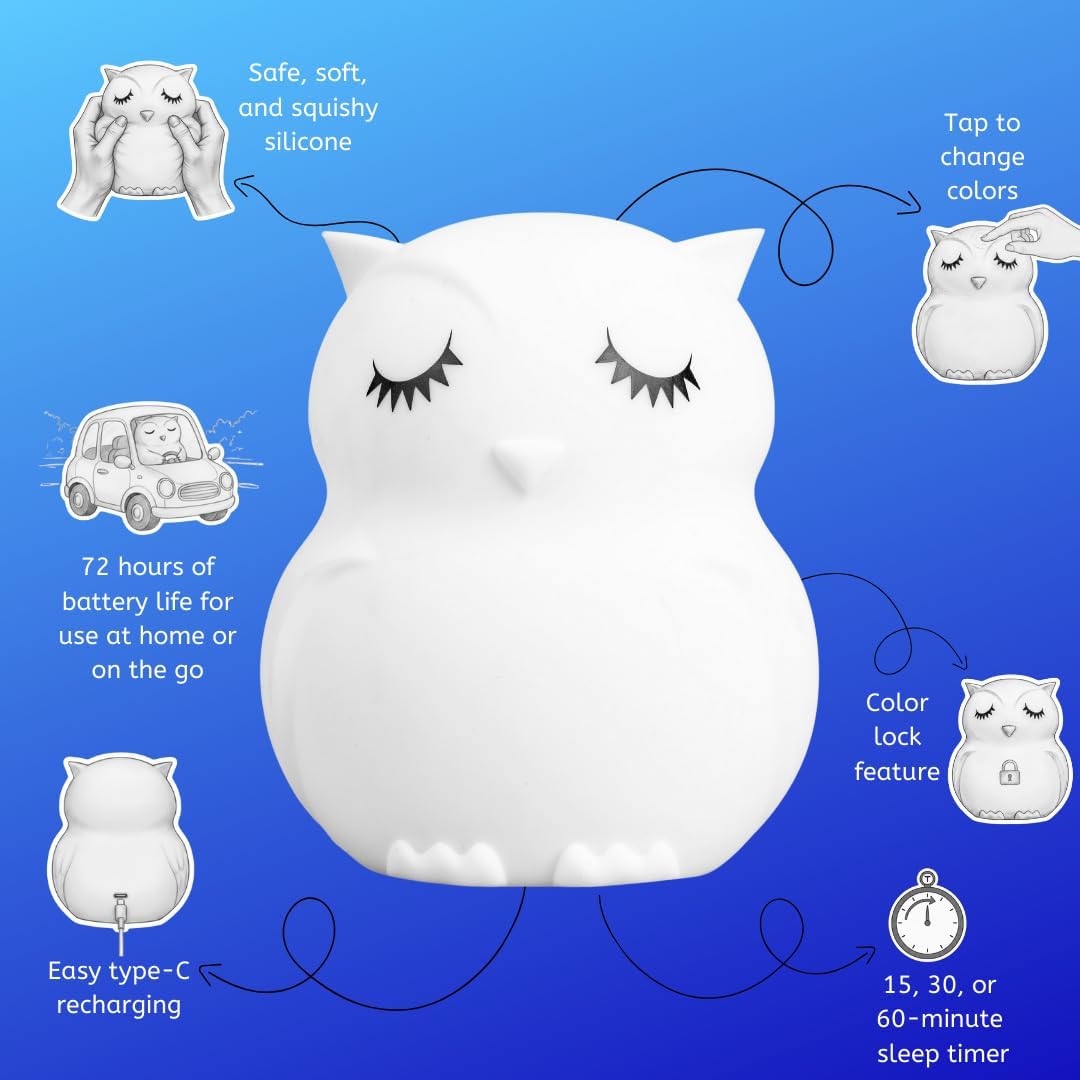 Enchanting Remote Control Silicone Night Light for Kids - Adorable Owl Design with 9 Soothing Colors & Sleep Timer - Perfect Rechargeable, Battery-Operated Lamp for Baby Nursery, Toddler, Girls, and Boys