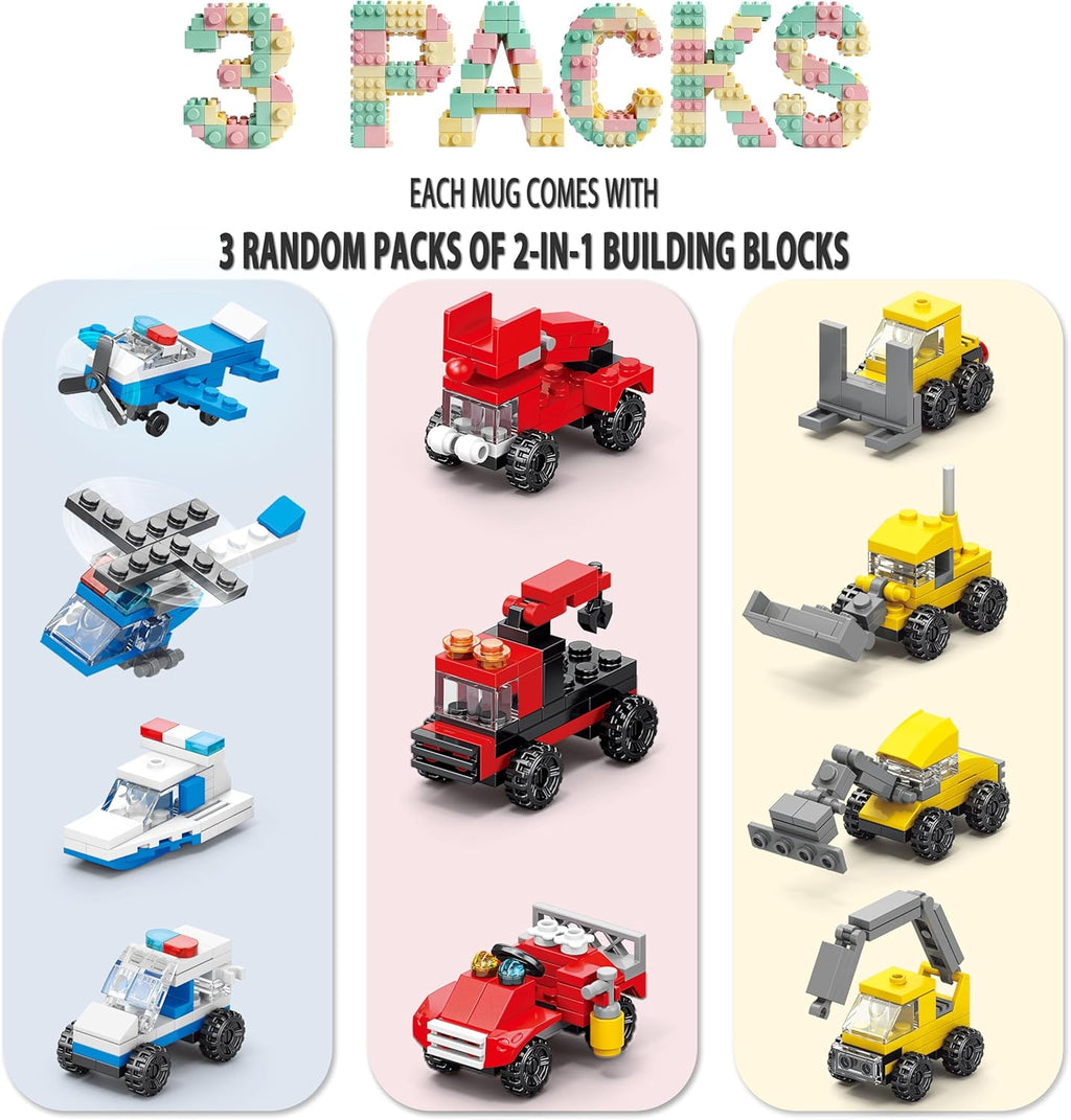 Exciting Build-On Brick Mug Set - 3 Random Packs of Creative 2-in-1 Bricks for Kids and Adults - Perfect Novelty Gift for Christmas, Birthdays, and More!
