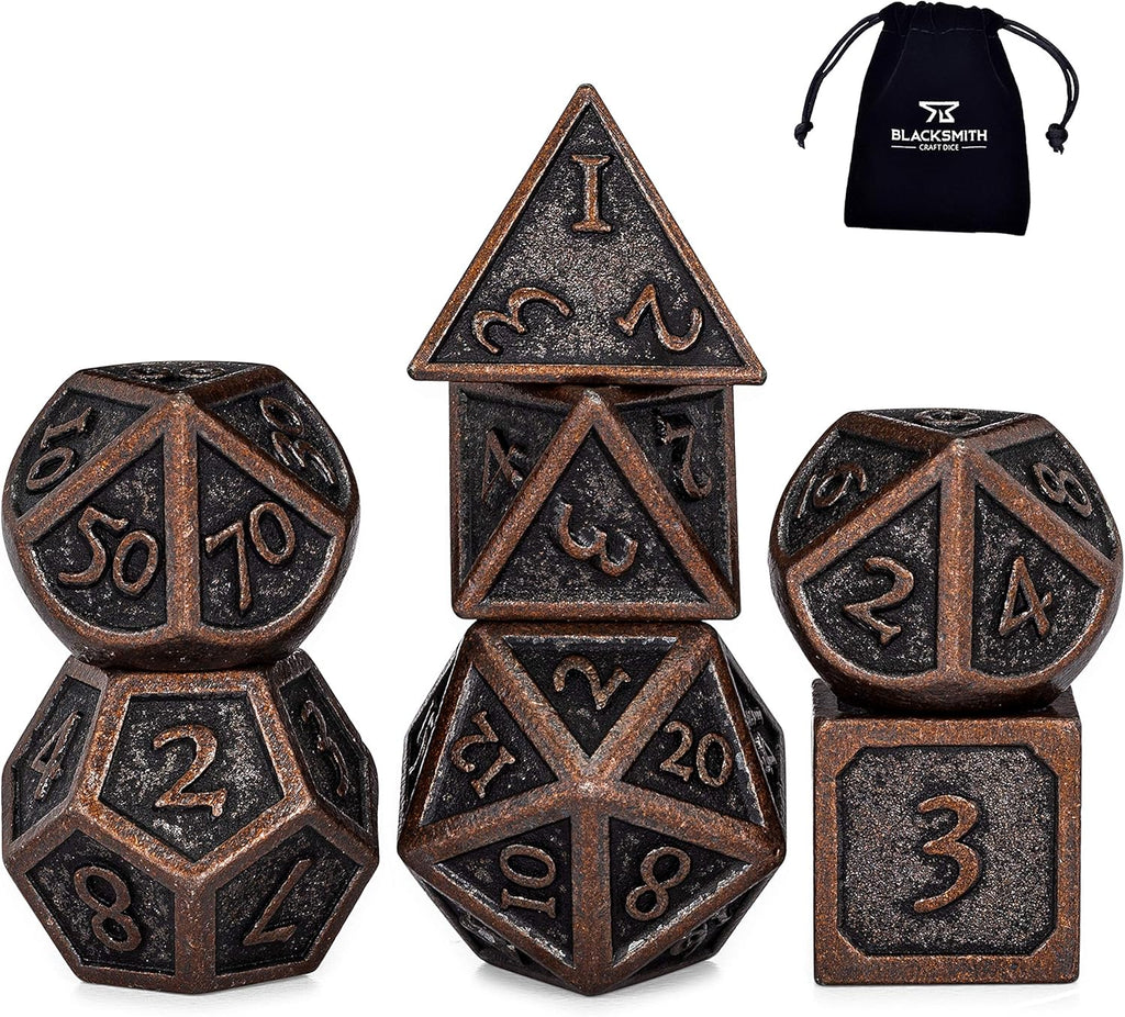 Indestructible Metal D&D Dice Set - 7 Pieces with Dice Bag in Weathered Bronze Finish