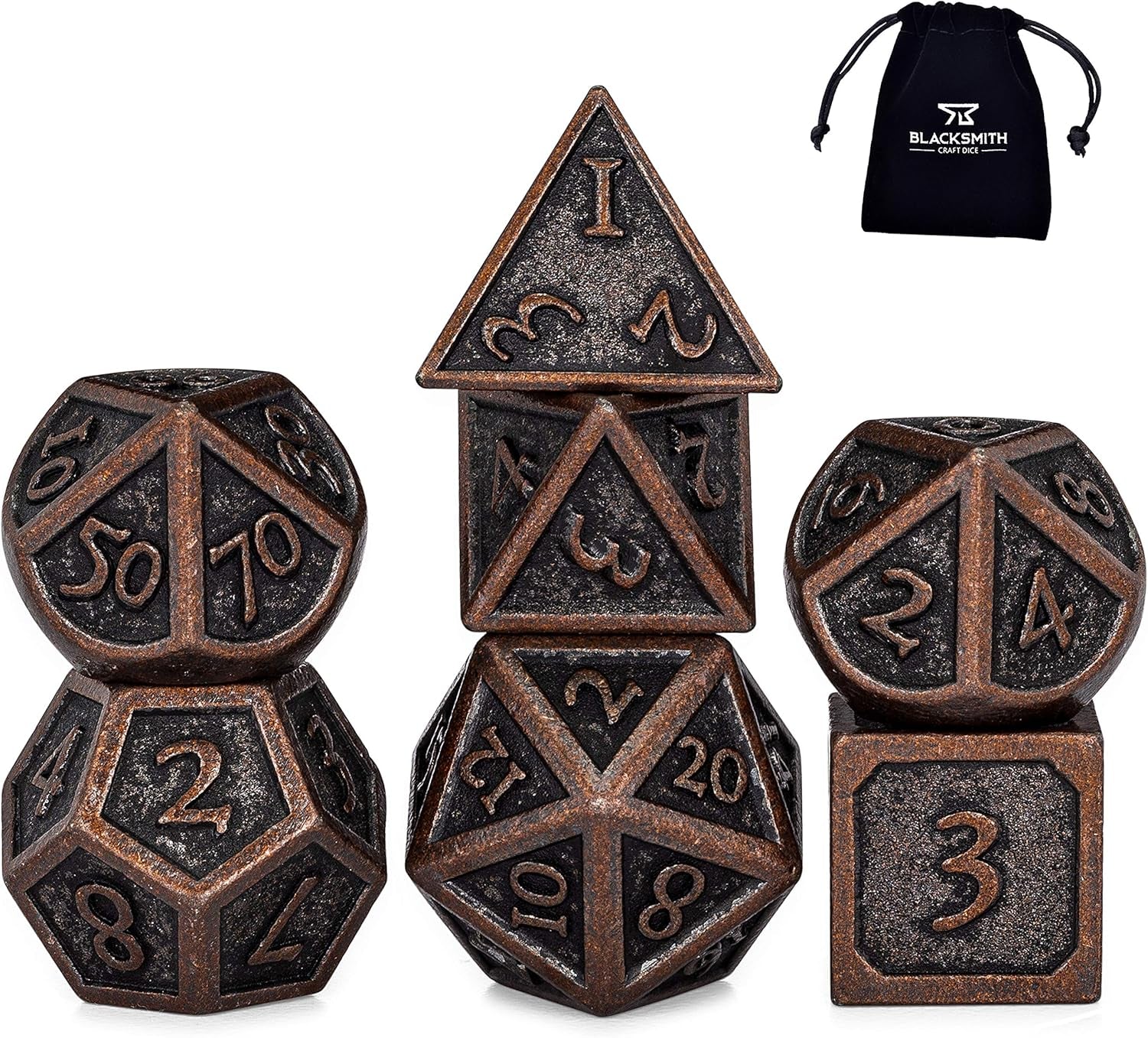 Indestructible Metal D&D Dice Set - 7 Pieces with Dice Bag in Weathered Bronze Finish