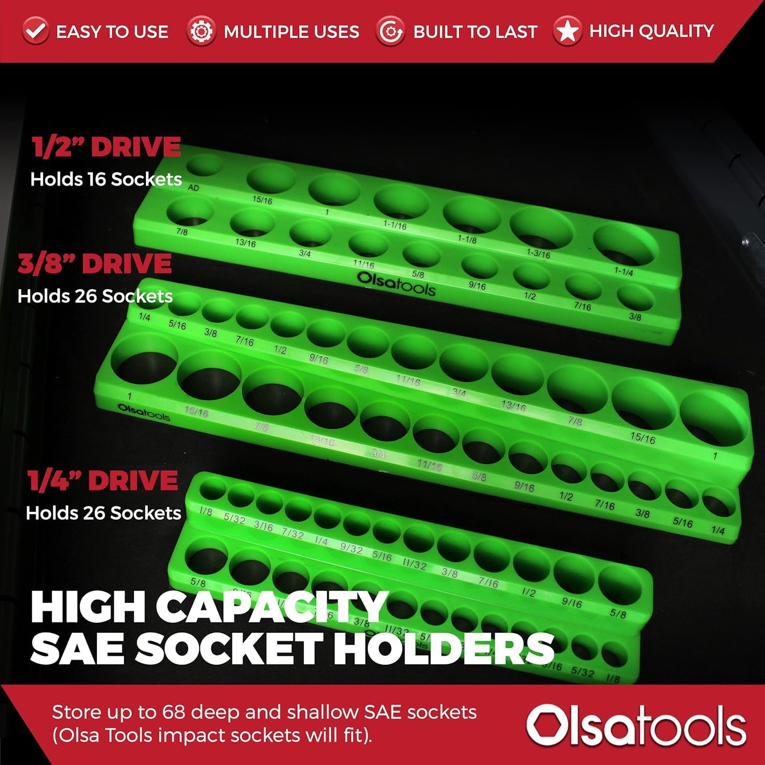 Magnetic Socket Organizer - 3-Piece Drive SAE Socket Holder Set with Strong Magnets - Stores up to 68 Sockets - Green - Part: 1148