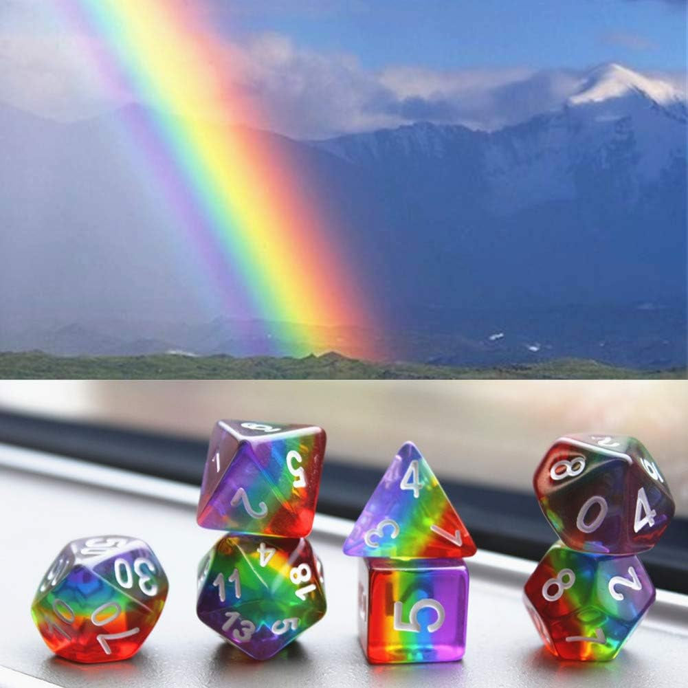Rainbow Polyhedral Dice Set for Dungeons and Dragons (D&D), Pathfinder, MTG, and Tabletop Games with Pouch