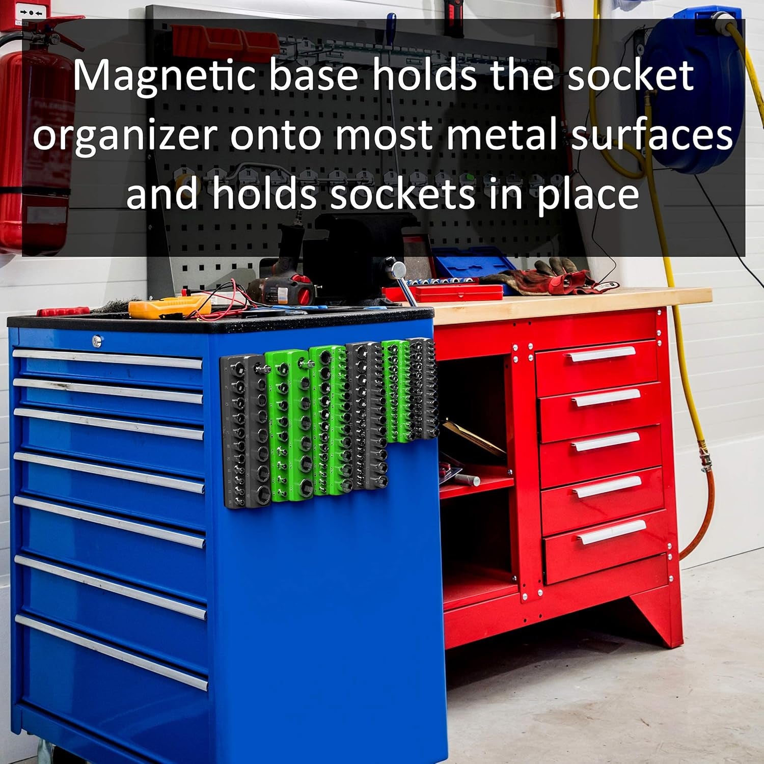 Magnetic Socket Organizer - 3-Piece Drive SAE Socket Holder Set with Strong Magnets - Stores up to 68 Sockets - Green - Part: 1148