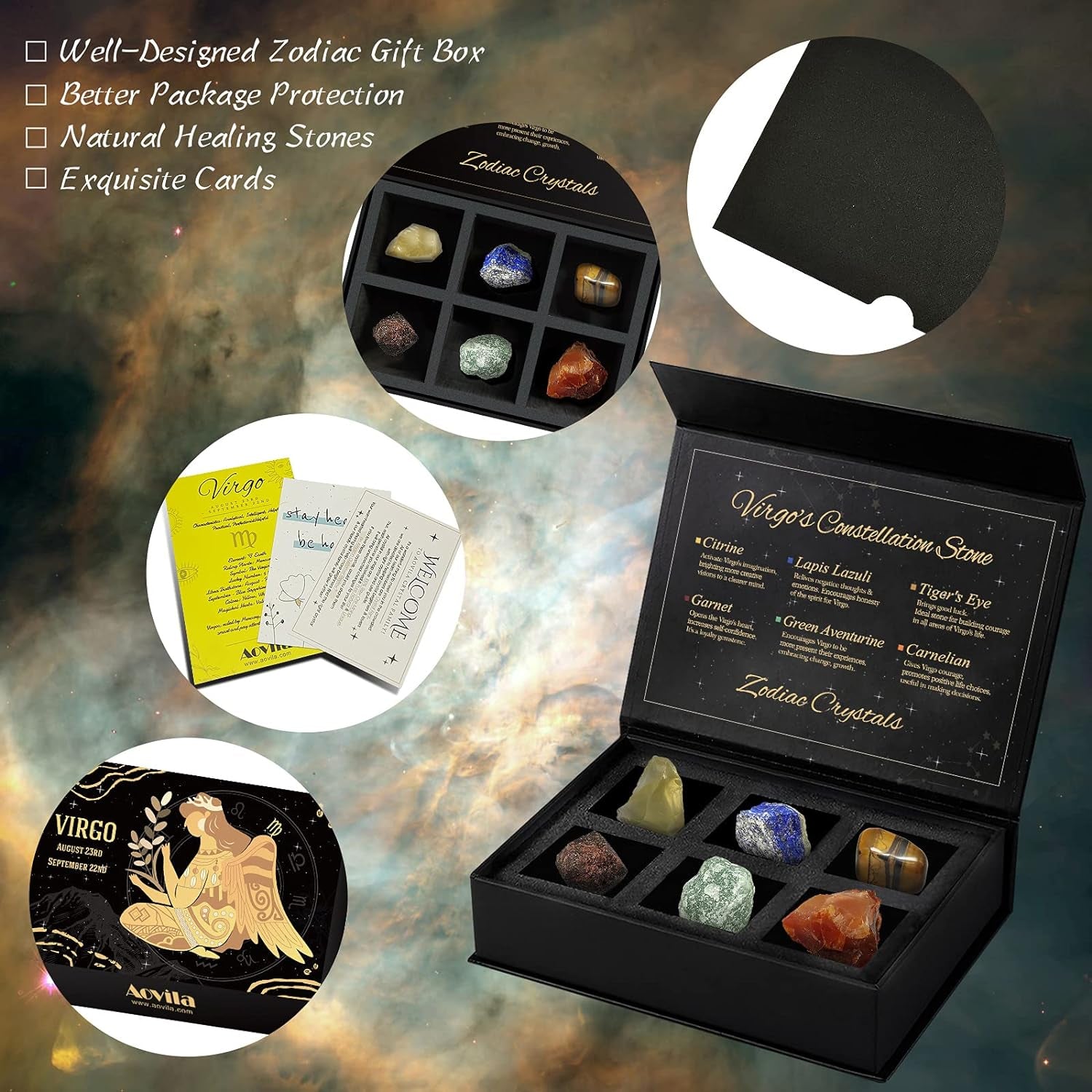 Virgo Crystals Gift Set: Healing Crystals and Birthstones for Zodiac Signs with Horoscope Box for Astrology Enthusiasts