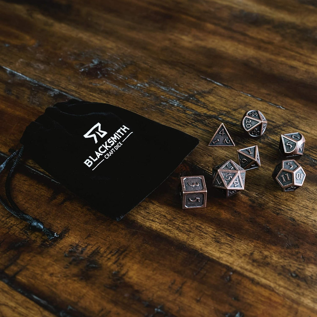 Indestructible Metal D&D Dice Set - 7 Pieces with Dice Bag in Weathered Bronze Finish