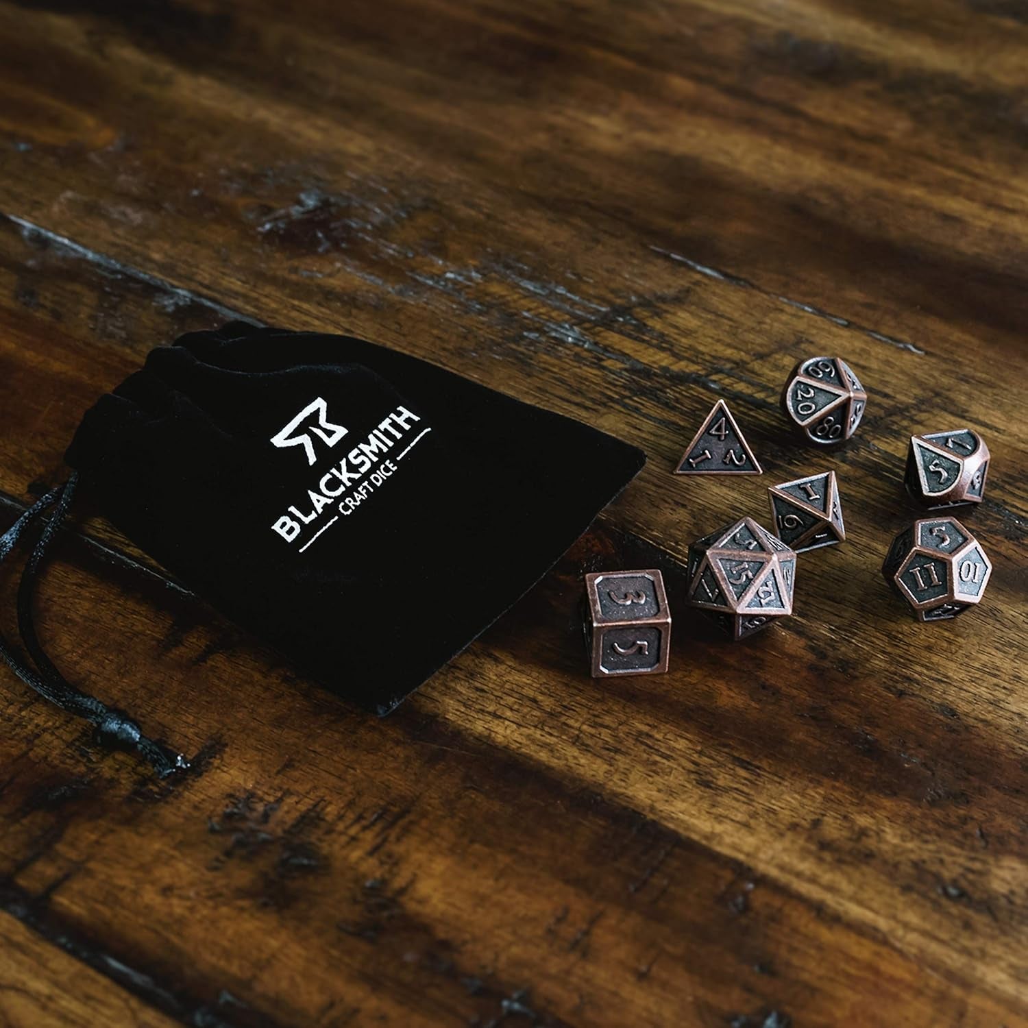 Indestructible Metal D&D Dice Set - 7 Pieces with Dice Bag in Weathered Bronze Finish