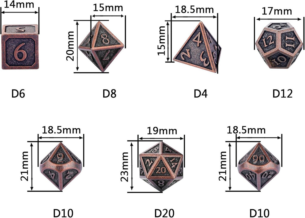 Indestructible Metal D&D Dice Set - 7 Pieces with Dice Bag in Weathered Bronze Finish