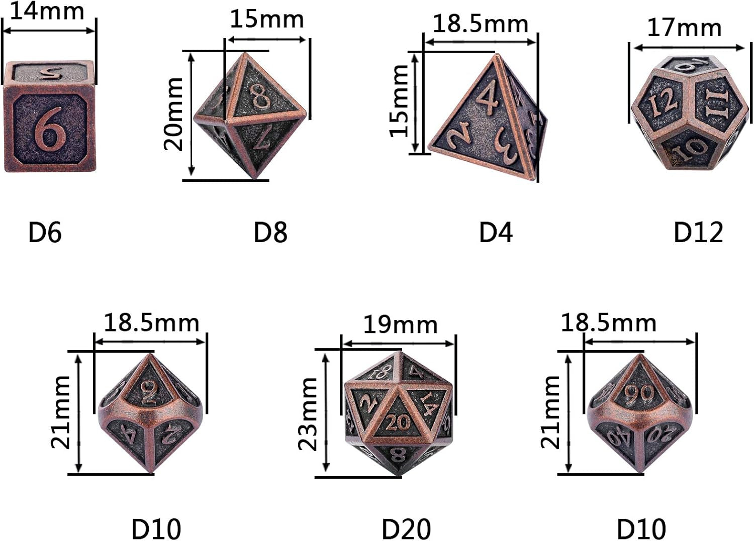 Indestructible Metal D&D Dice Set - 7 Pieces with Dice Bag in Weathered Bronze Finish