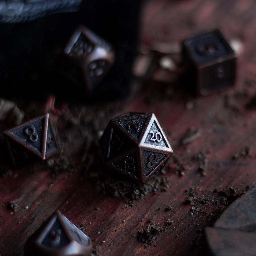 Indestructible Metal D&D Dice Set - 7 Pieces with Dice Bag in Weathered Bronze Finish